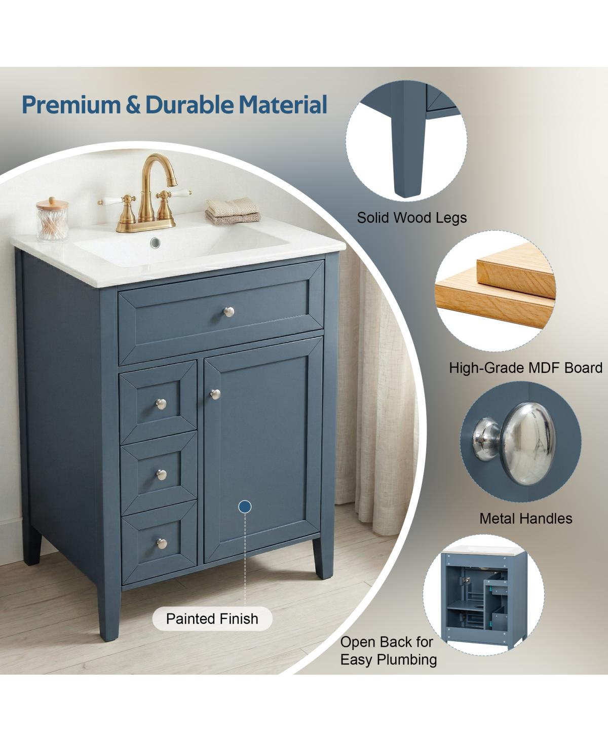 Sillysis 24 Inch Bathroom Vanity with Ceramic Sink, Classic Modern Freestanding Cabinet, Soft Close Drawers for Small Bathrooms