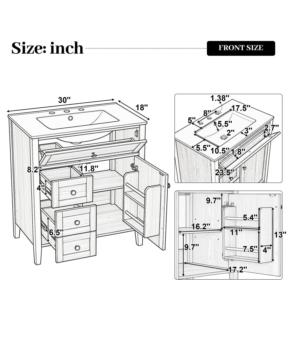 Sillysis 30 Inch Bathroom Vanity with Ceramic Sink, Rustic Wood Grain Cabinet, Soft Close Drawers, Adjustable Storage for Modern Bathrooms