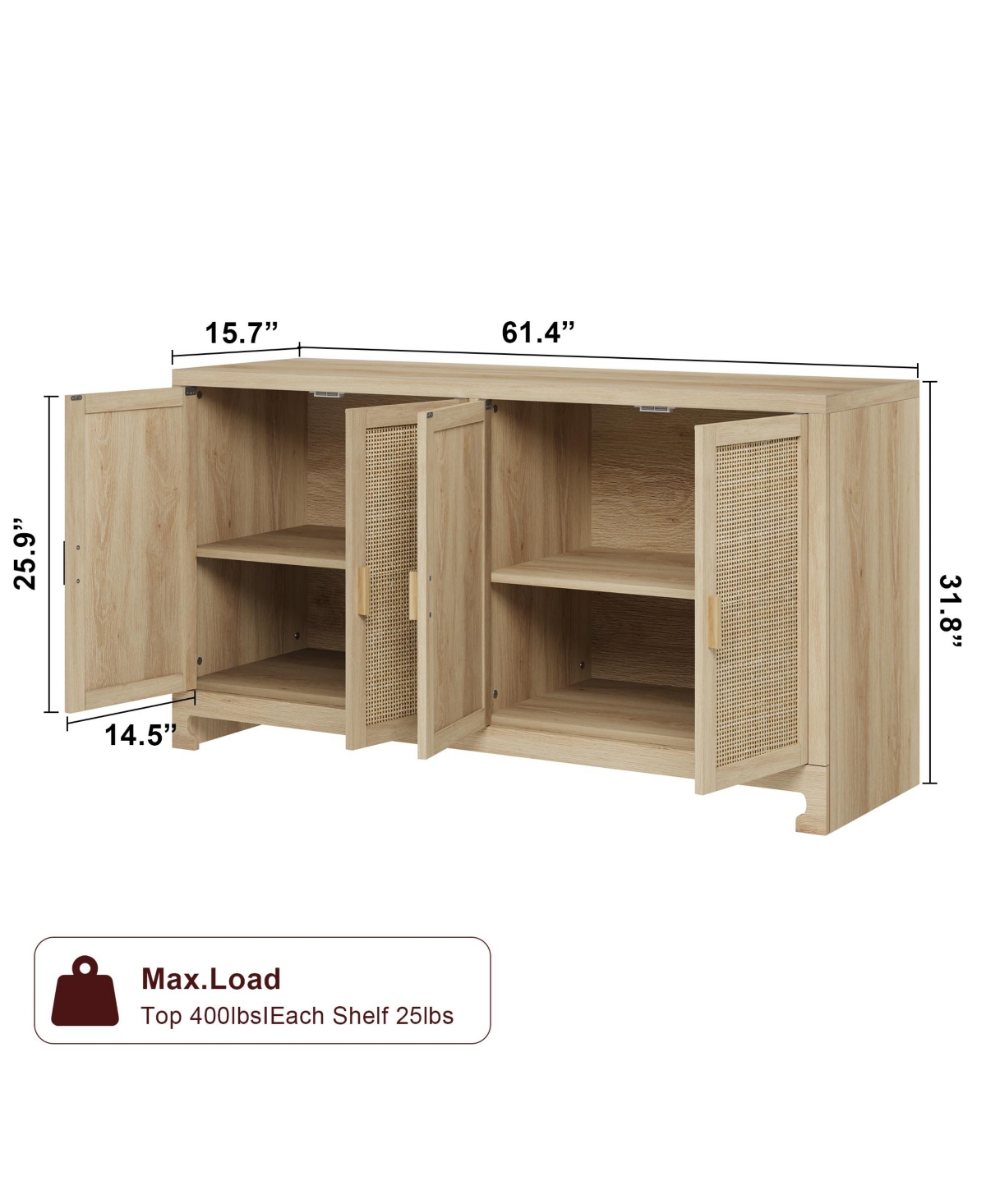 homfan Modern 4-Door Rattan Sideboard, Wooden Accent Buffet Cabinet with Ample Storage for Entryway, Living Room and Dining