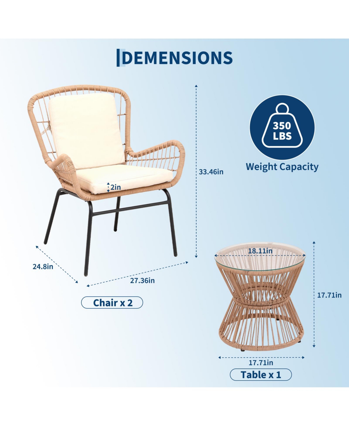 gaomon 3 Piece Outdoor Rattan Patio Bistro Set with Glass Top Table and 2 Chairs, All Weather Patio Furniture for Backyard, Poolside, Porch, Balcony