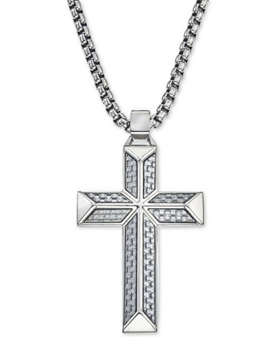 Esquire Men's Jewelry Cross Pendant Necklace in Gray Carbon Fiber and Stainless Steel, Only at Macy's