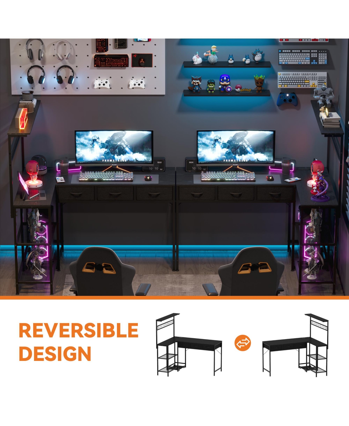 gaomon 50.4" L Shaped Computer Desk with Power Outlets and Led Lights, Reversible Home Office 3-Tier Storage Shelves Drawer