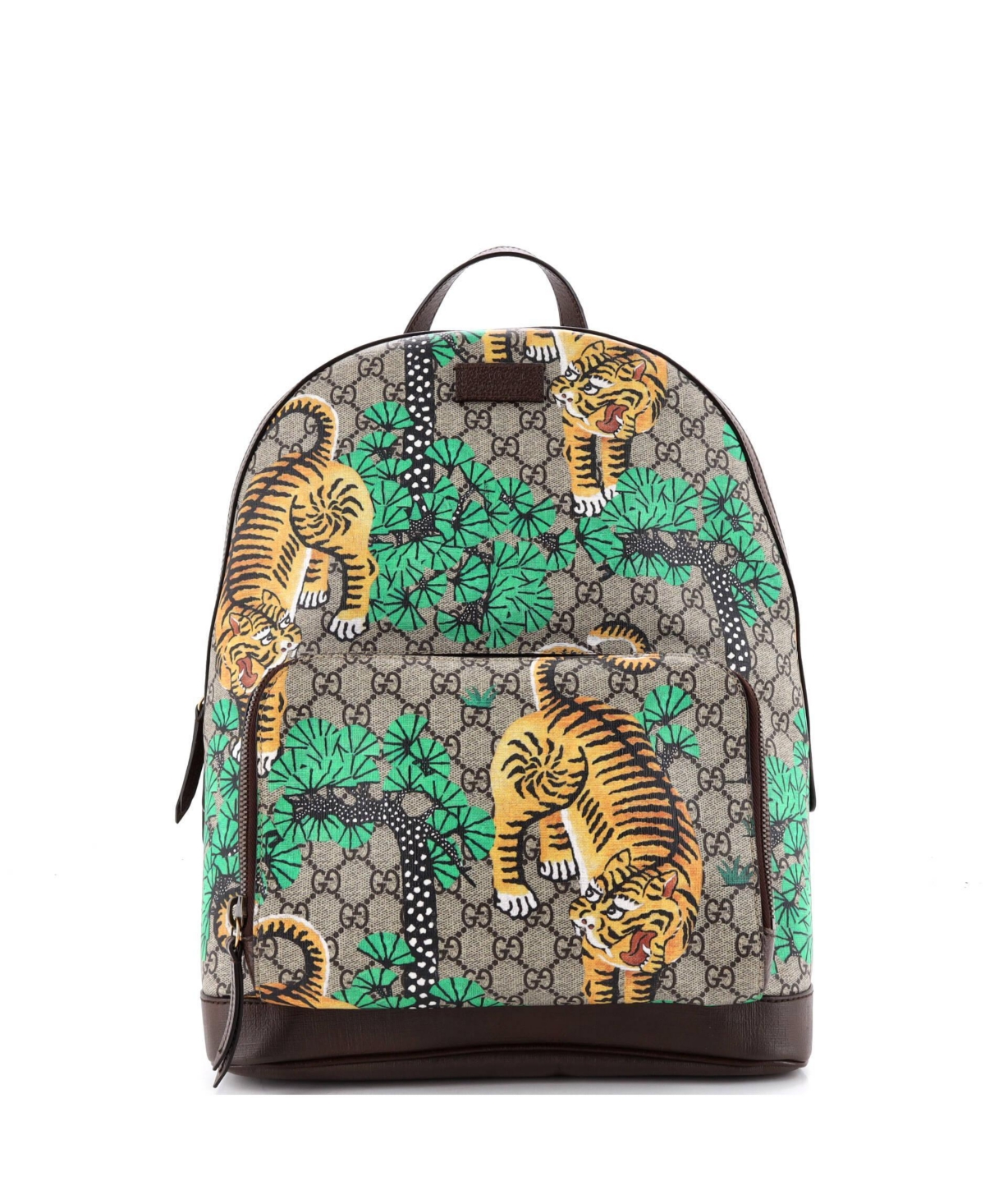 Pre-Owned Gucci Medium Zip Pocket Backpack Bengal Print Gg Coated Canvas