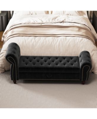 64.5 Inch Velvet Tufted Storage Bed Bench with Antique Copper Nailhead Trim, Upholstered Chaise Lounge for Bedroom Living Room