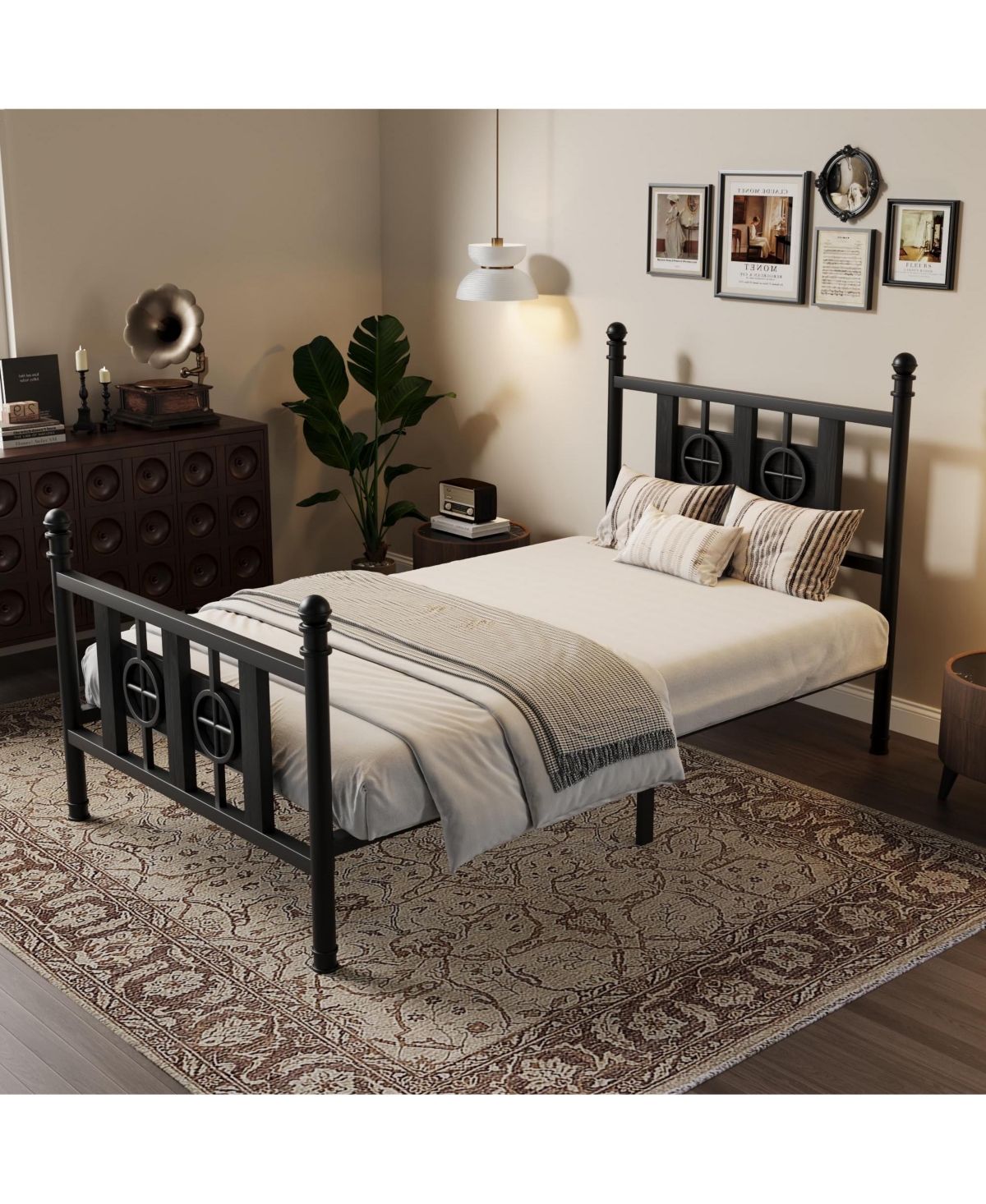 homfan Durable Metal Platform Bed Frame with Retro Circular Design, Headboard and Footboard Included, Underbed Storage Space