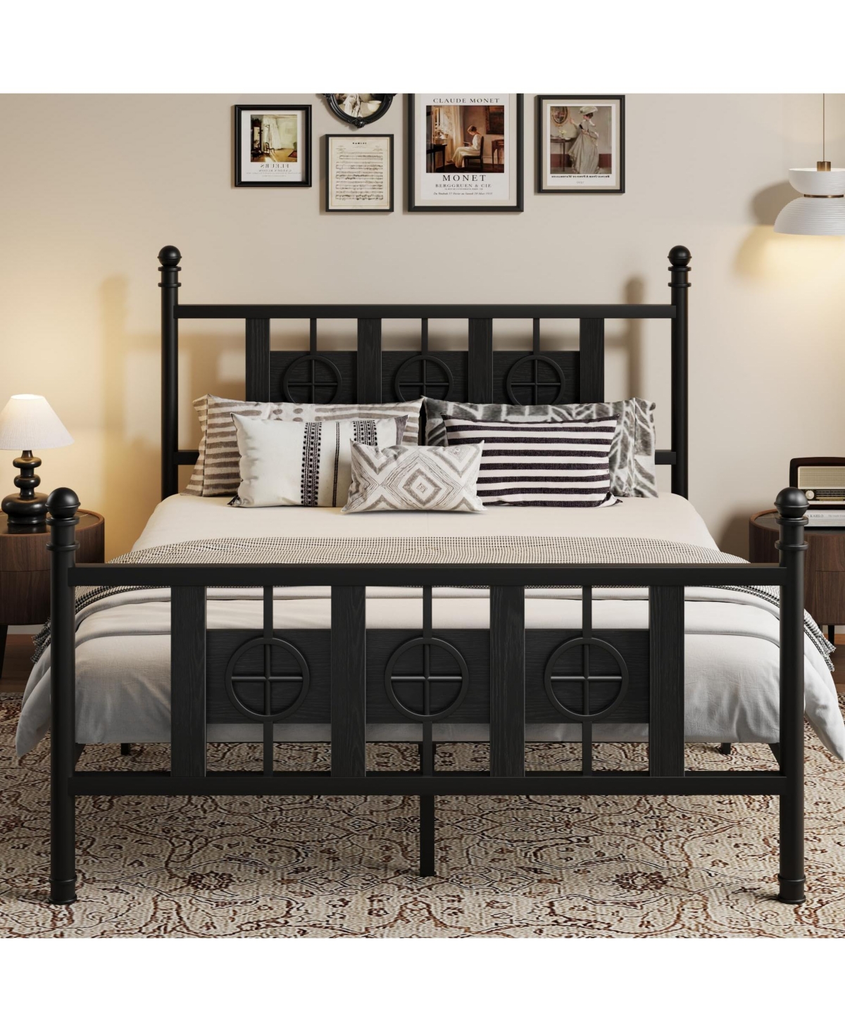 homfan Durable Metal Platform Bed Frame with Retro Circular Design, Headboard and Footboard Included, Underbed Storage Space