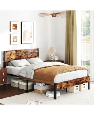 Bed Frame with Tall Industrial Headboard Heavy-Duty Metal Slats Support