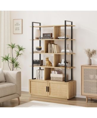 5 Tier Rattan Bookshelf with Storage Cabinet Industrial Style Open Shelf Bookcase for Home Living Space