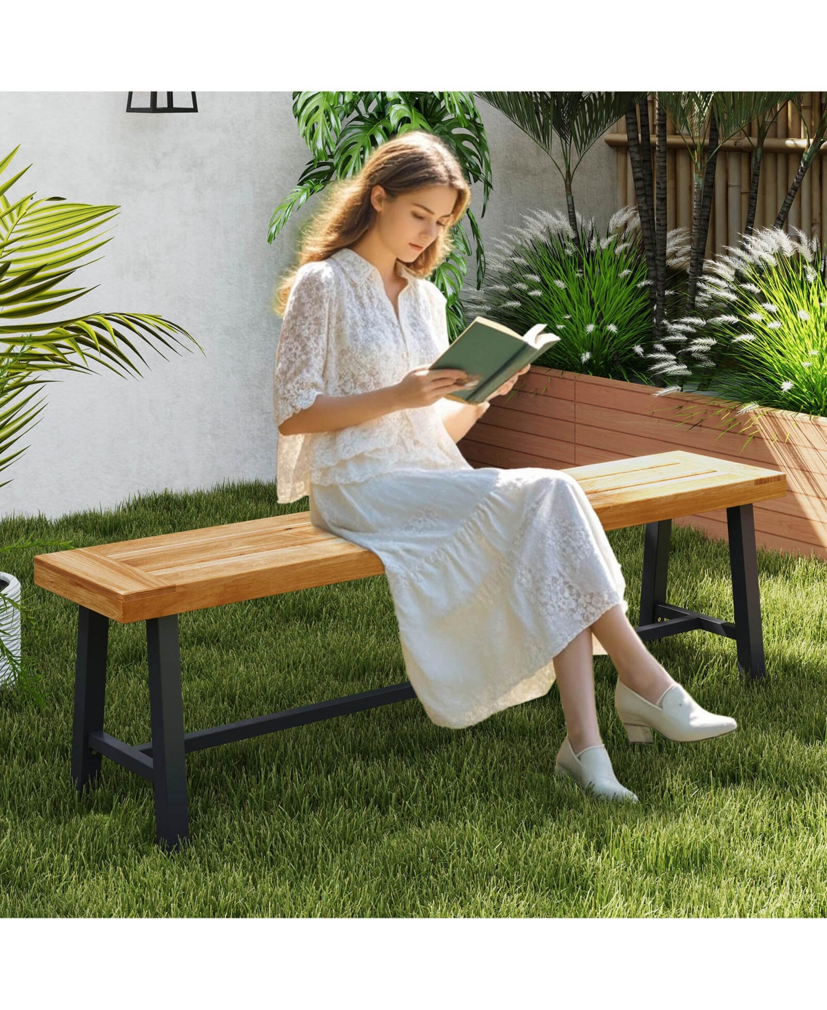 Costway 63" Long Outdoor Acacia Wood Bench Seats up to 3 Persons for Garden Porch