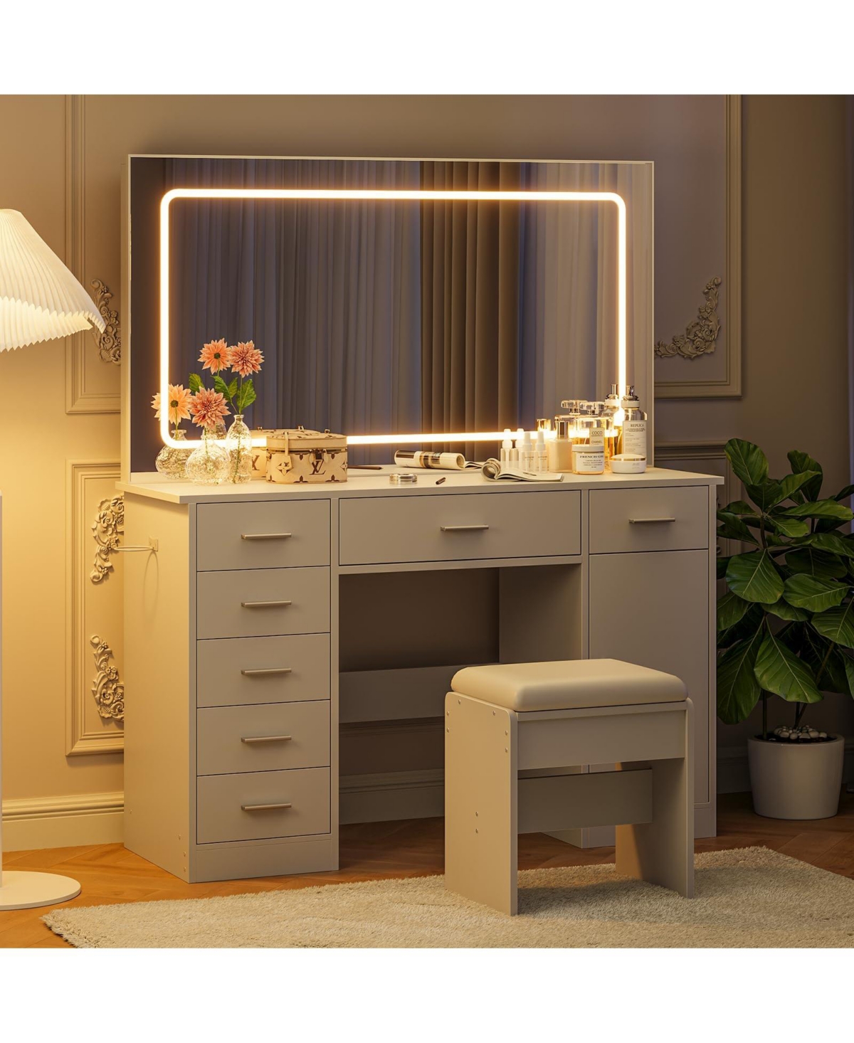 gaomon Vanity Desk with Large Led Mirror, 7 Drawers, Power Outlets, Usb Ports, Hair Dryer Holder, 3-Mode Lighting, Stool, Cabinet
