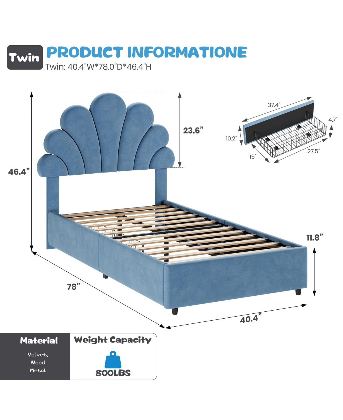 homfan Twin Size Velvet Platform Bed Frame with 2 Storage Drawers, Upholstered Headboard, Wood Slats Support, No Box Spring Needed, Easy Assembly