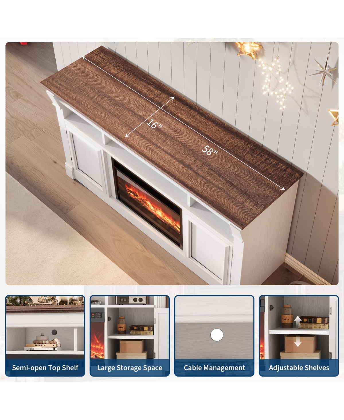 homfan 58" Farmhouse Fireplace Tv Stand, Entertainment Center with Open Storage Cabinets for TVs Up to 75", Media Console for Living Room