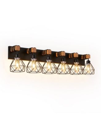 38 Inch Modern Geometric 6 Light Vanity Light Fixture with Metal Wooden Accents and Cage Lampshade for Bathroom Bedroom Living Room No Bulb