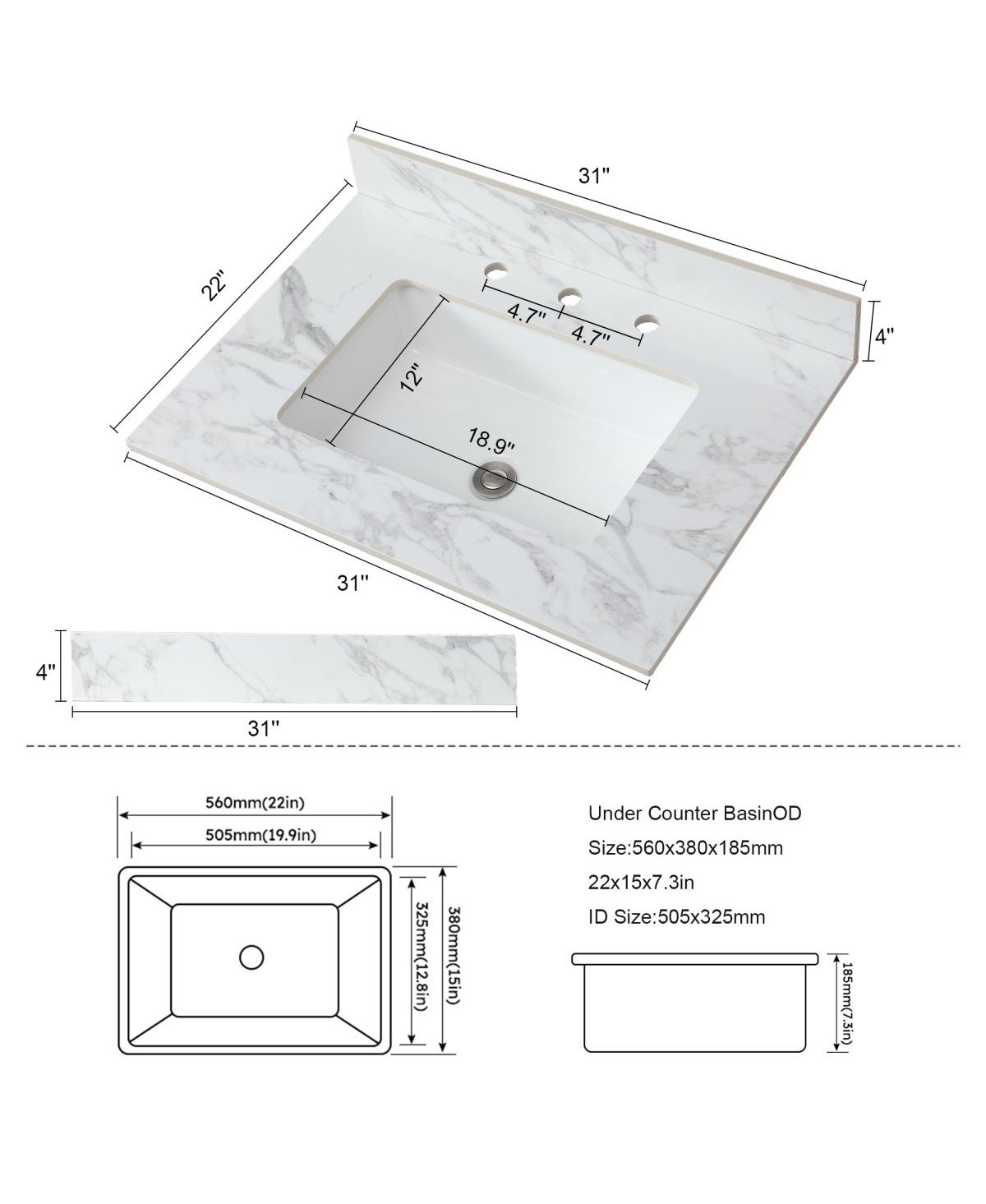 Sillysis 31/37/43/49 Inch Sintered Stone Bathroom Vanity Top with Ceramic Sink, 4 Inch Backsplash, 3 Faucet Holes