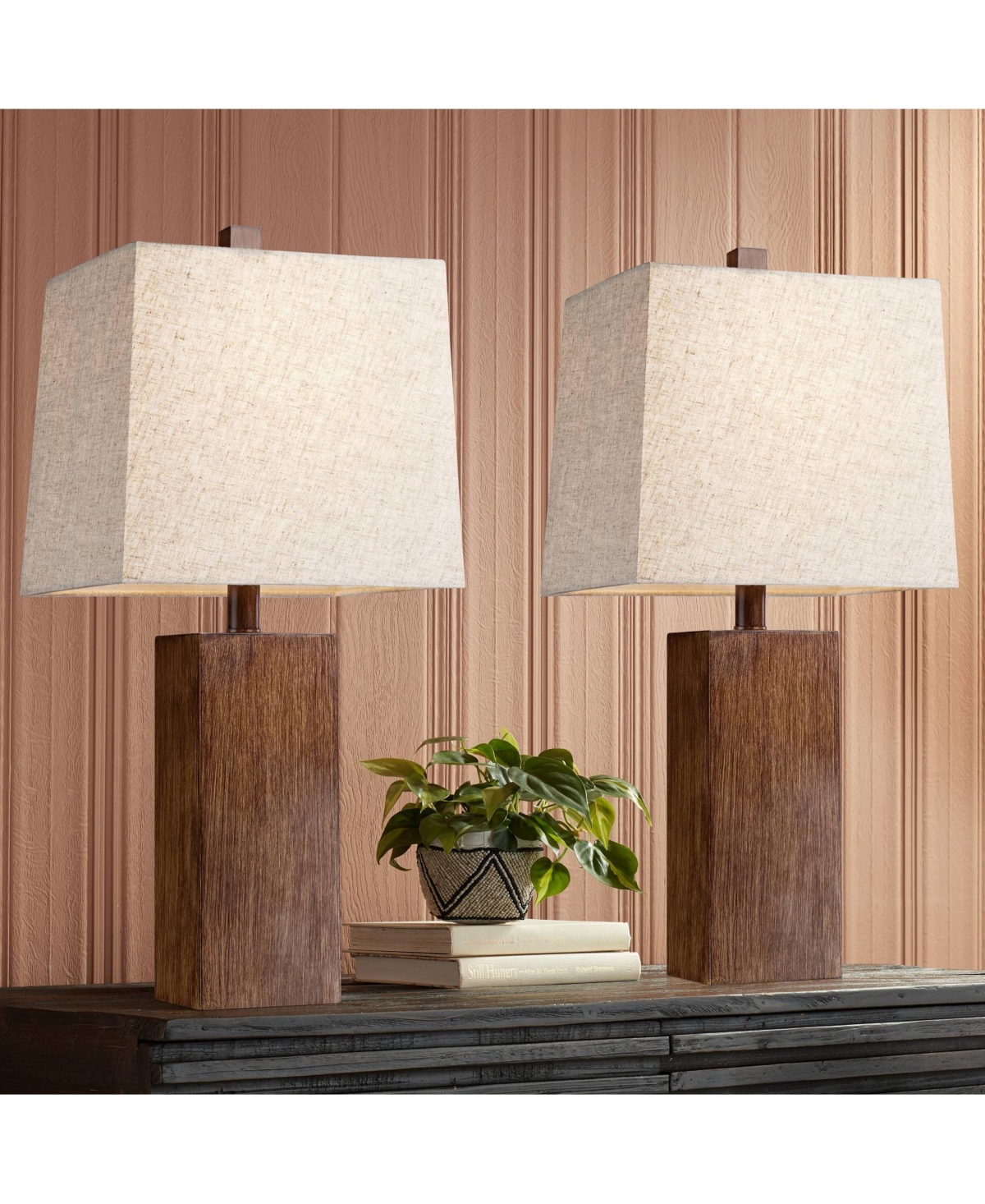 360 Lighting Modern Rustic Accent Table Lamps 23" High Set of 2 Faux Wood Rectangular Block Fabric Shade for Bedroom Living Room House Home