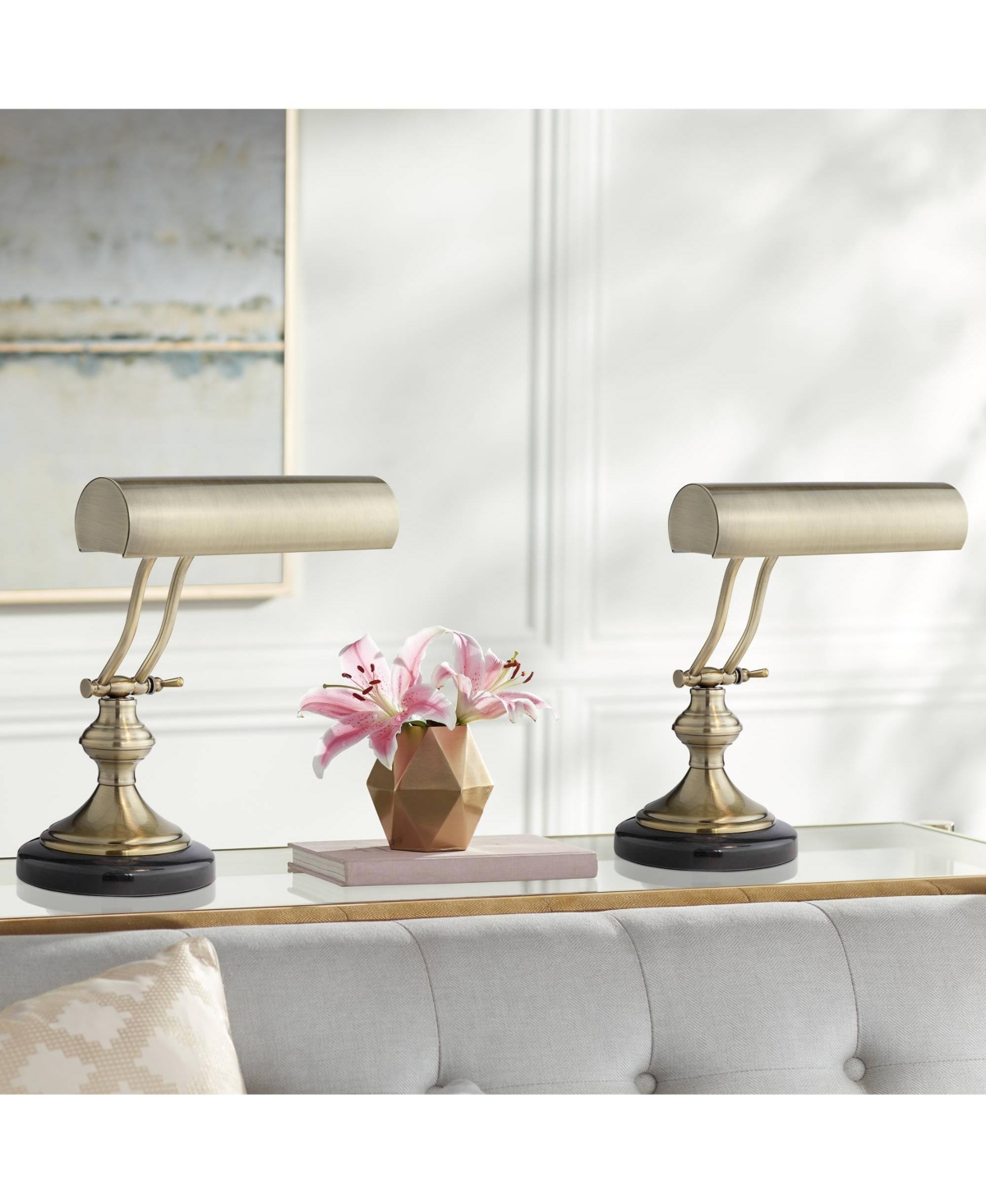 Regency Hill Serenity 12" High Small Traditional Piano Desk Lamps Set of 2 Adjustable Antique Brass Finish Metal Home Office