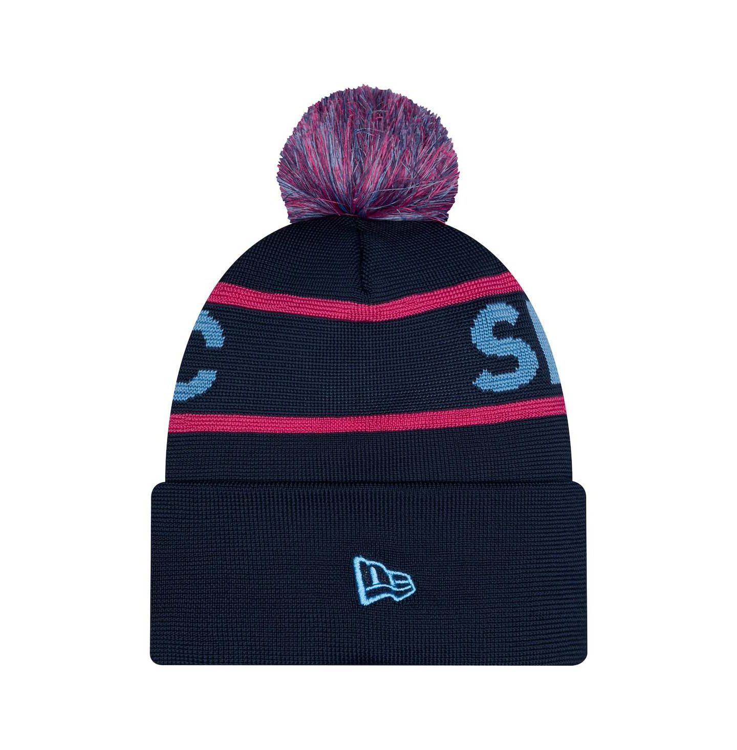 Мужские головные уборы New Era Navy Sporting Kansas City 2026 Jersey Hook Cuffed Pom Knit Hat — фото 2