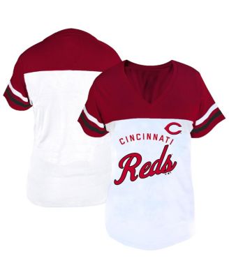 Women's White/Red Cincinnati Reds Plus Size Two-Stripe V-Neck T-Shirt
