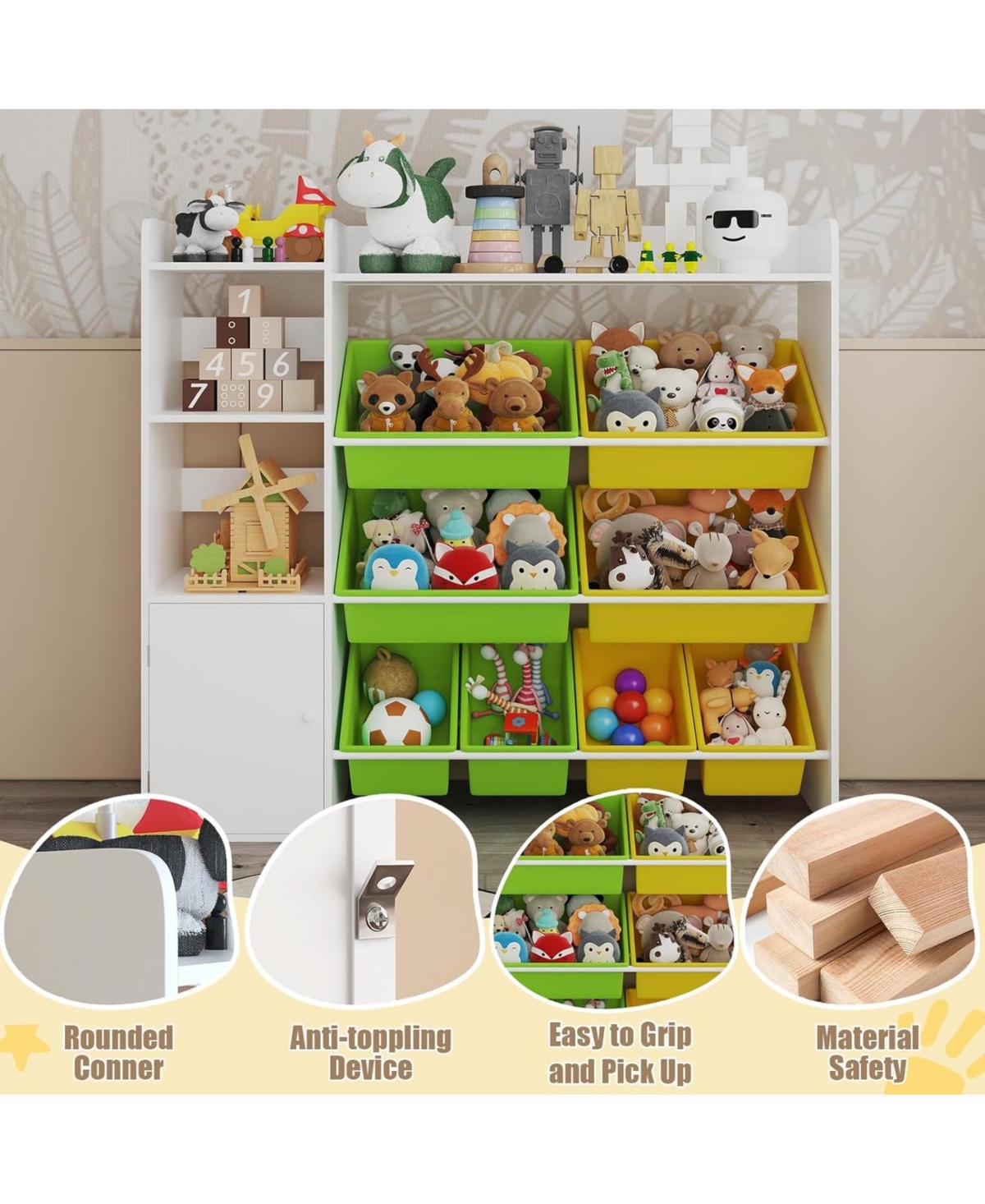 gaomon 43.5" Kids Toy Storage Organizer with 8 Removable Toy Bins and 3 Storage Cubbies, Toy Organizers and Storage, Kids Bookshelf and Toy Storage