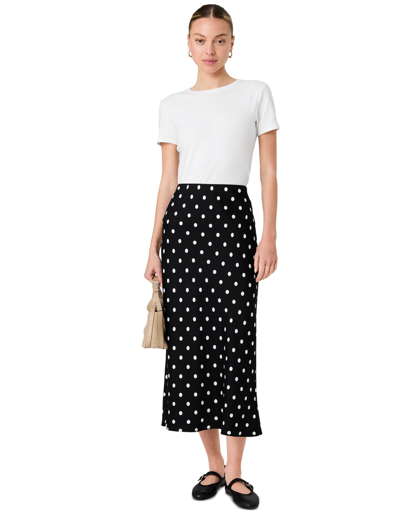 Женская юбка French Connection Ennis Satin Polka Dot Pull-On Midi, цвет: Чёрный / Белый — фото 3