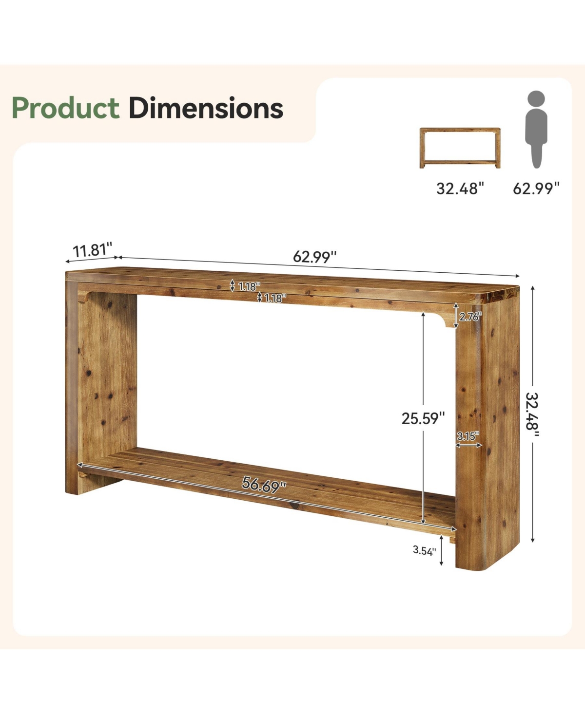 Slickblue Solid Wood Entryway Table 63 Inch with Double Storage Shelves