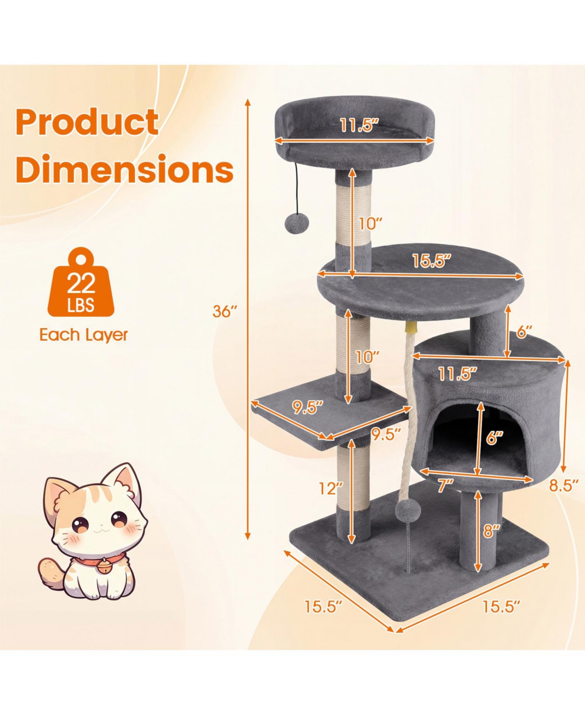 Cozito 36 inch Tall Kitten Tower with Condo and Plush Perch