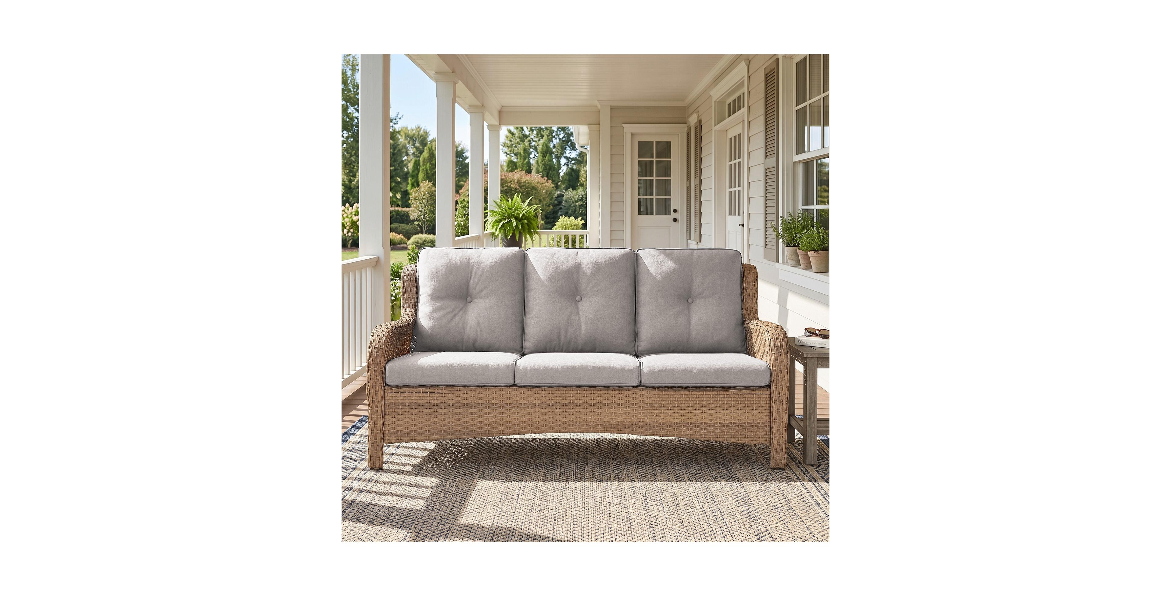Pocassy Outdoor Patio Sofa Wicker 3 Seater Sofa, Rattan Couch with Deep Seat and Olefin Cushions, High Backrest, All-Weather for Balcony, Deck