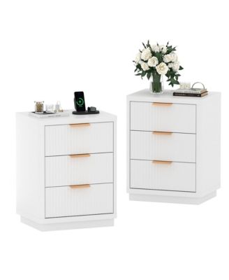 Set of 2 Fluted Nightstands with Charging Station, 3-Drawer Bedside Tables with 2 Outlets and 2 USB Ports, Metal Handles