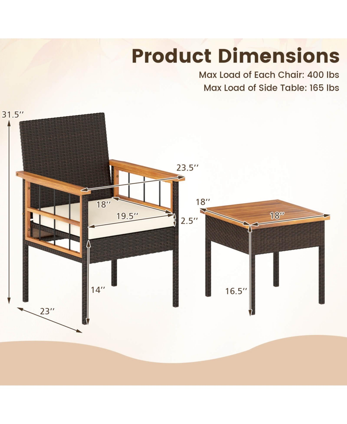Costway Pcs Wicker Furniture Set with Acacia Wood Tabletop Armrests Cushions for Backyard