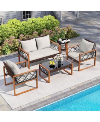 5 PCS PE Wicker Patio Furniture Set with Acacia Wood Frame Cushions for Deck Garden