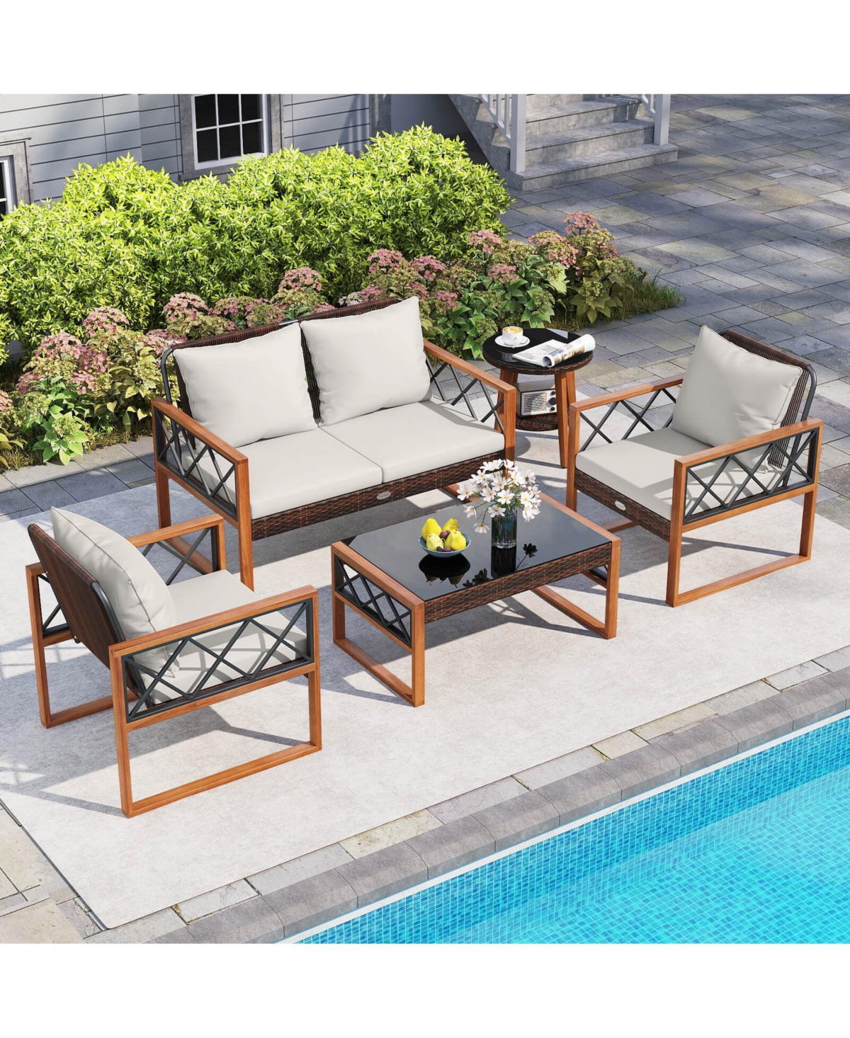 Costway 5 Pcs Pe Wicker Patio Furniture Set with Acacia Wood Frame Cushions for Deck Garden