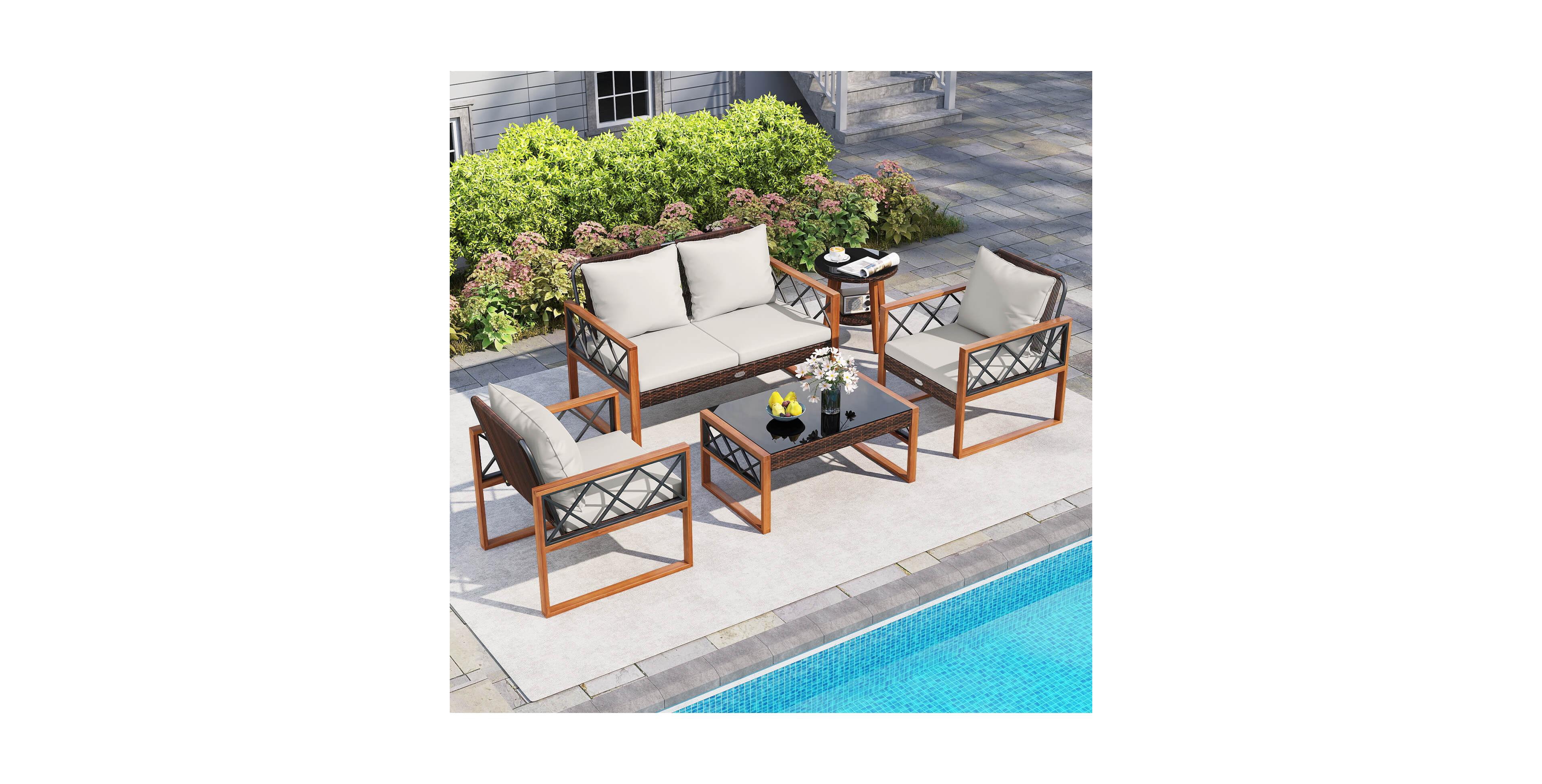 Costway 5 Pcs Pe Wicker Patio Furniture Set with Acacia Wood Frame Cushions for Deck Garden