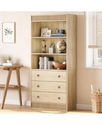 70.8" fluted 6-tier bookcase with drawers, open shelves, and woven design-ideal storage cabinet for living room organization.
