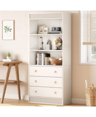 70.8" fluted 6-tier bookcase with drawers, open shelves, and woven design-ideal storage cabinet for living room organization.