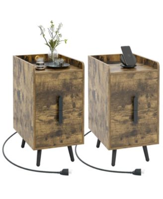 Set of 2 Nightstand w/ Charging Station Home Bedside Sofa Side Tables w/ 2 Drawers Cafe