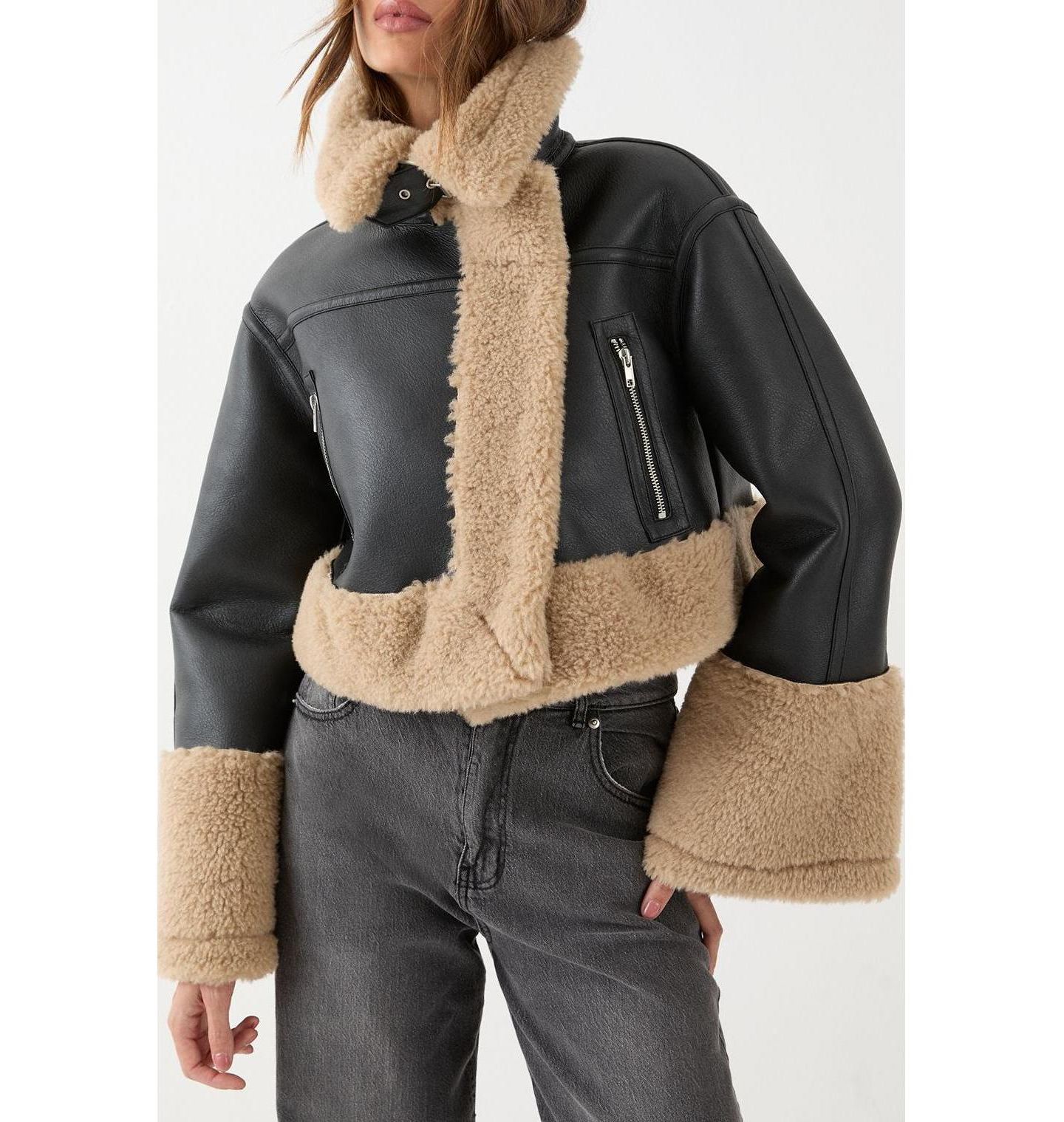 Женская куртка MissPap Faux Fur Trim Aviator, цвет: Чёрный — фото 6