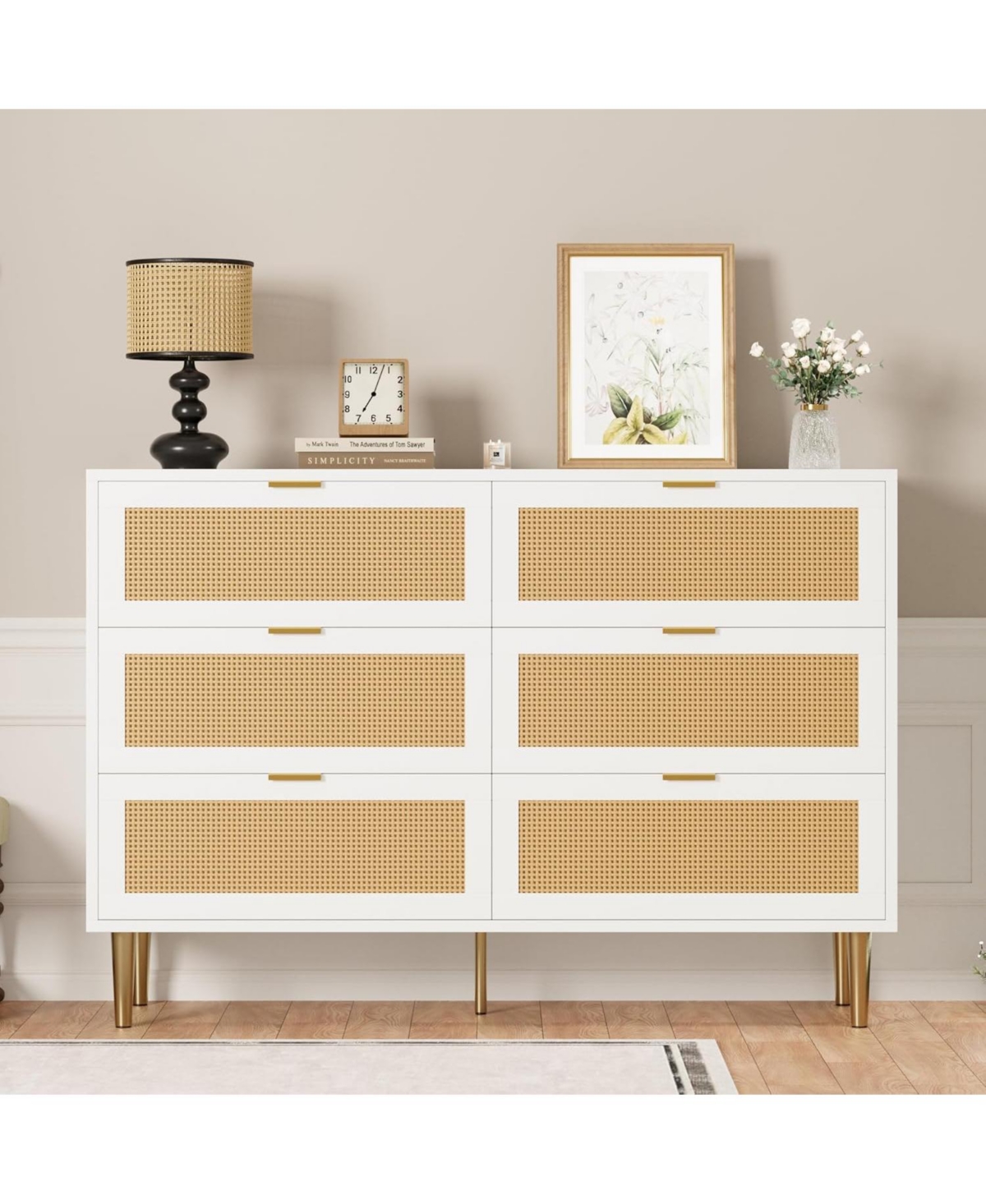 gaomon Rattan 6 Drawer Dresser with Gold Legs & Handles, Wide Wood Storage Cabinet