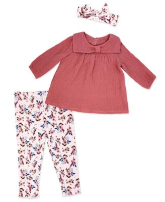 Baby Mode Baby Girls' Long-Sleeve Top, Pant and Headband, 3-Piece Set - Pink Floral