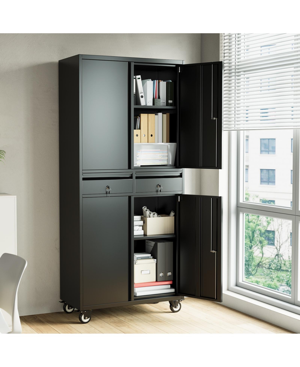 gaomon 73 Inch Heavy Duty Metal Storage Cabinet with Wheels, Locking Doors and 2 Drawers for Garage, Workshop, Office