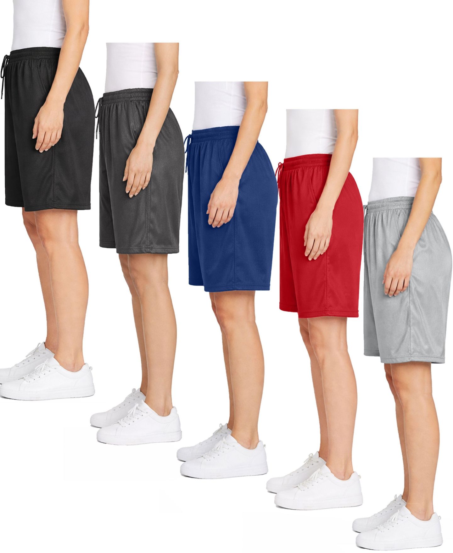 Женские шорты Jump Start Loose Fit Moisture-Wicking Performance Dazzle Shorts-5 Pack, цвет: Чёрный угольный тёмно-синий красный серебряный — фото 2