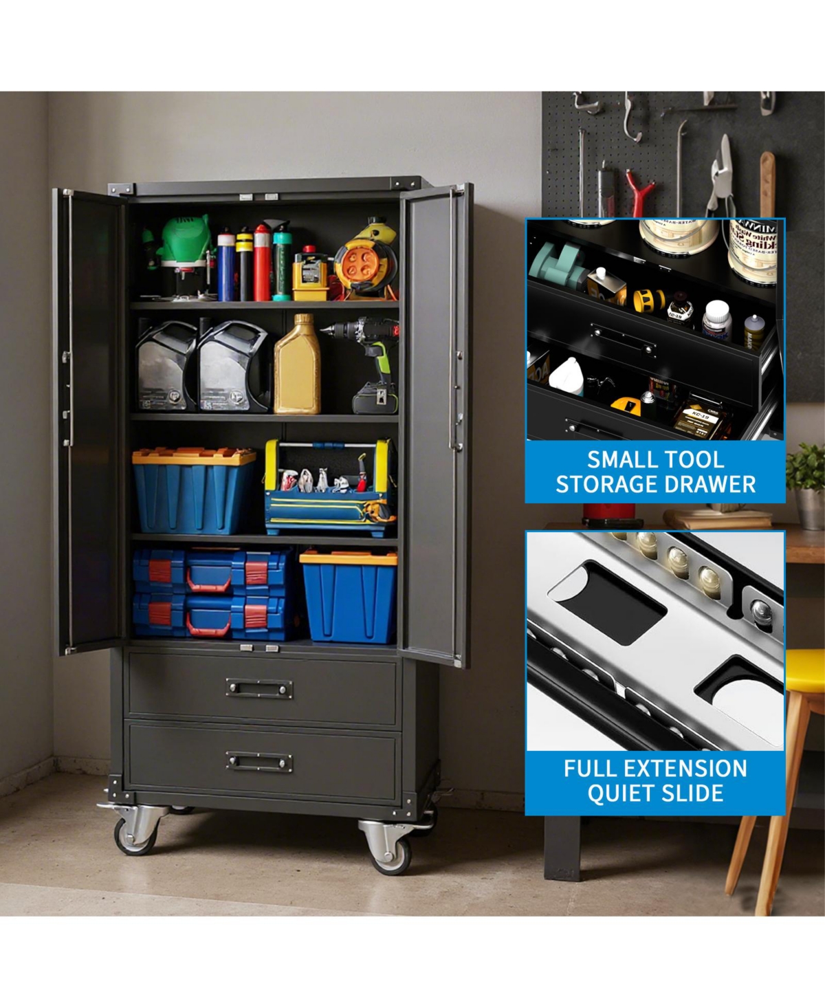 gaomon 67 Inch Metal Storage Tool Organizer, Lockable Heavy Duty Steel Cabinet with Wheel for Garage, Home, Office, Workshop