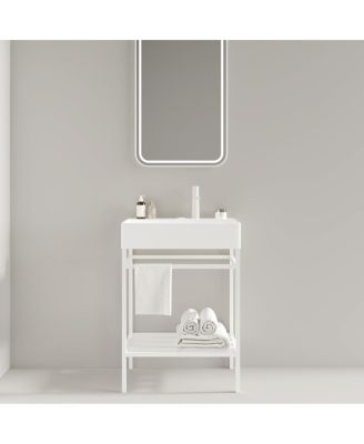 Bathroom Vanity with Ceramic Integrated Sink, Metal Storage Shelf, Modern Freestanding Cabinet for Small Spaces