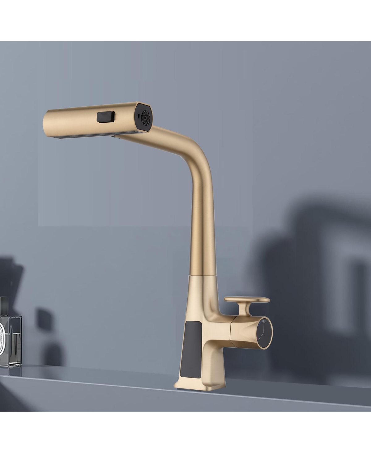Phying Brushed Gold Waterfall Kitchen Faucet with Temperature Display Single Handle Pull Down Sprayer Faucet Three Water Outlet Modes