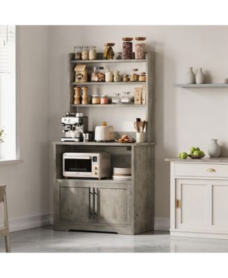 Tall 3-in-1 Bakers Rack Microwave Stand, Engineered Wood Coffee Bar with Charging Station and Multi-Storage, Easy Assembly