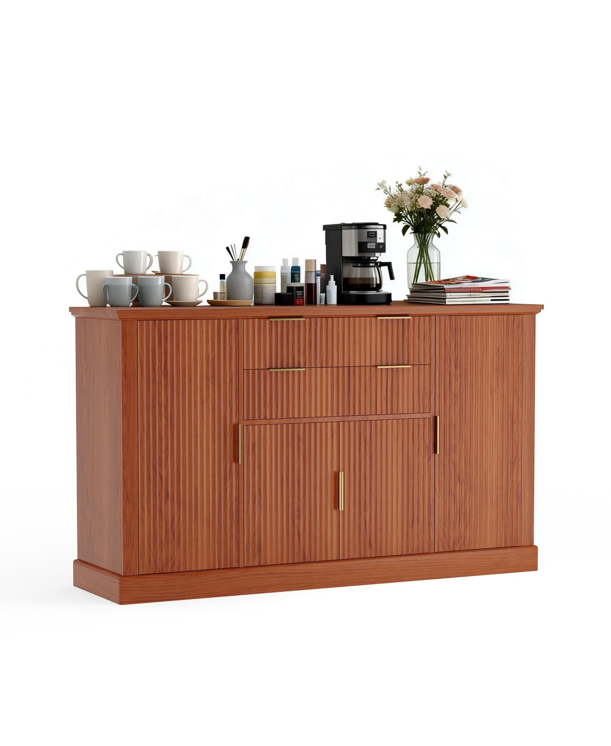 homfan Modern Fluted Sideboard Buffet Cabinet, 4 Doors and 2 Drawers, Adjustable Shelf, Storage Credenza for Dining Room or Living Room