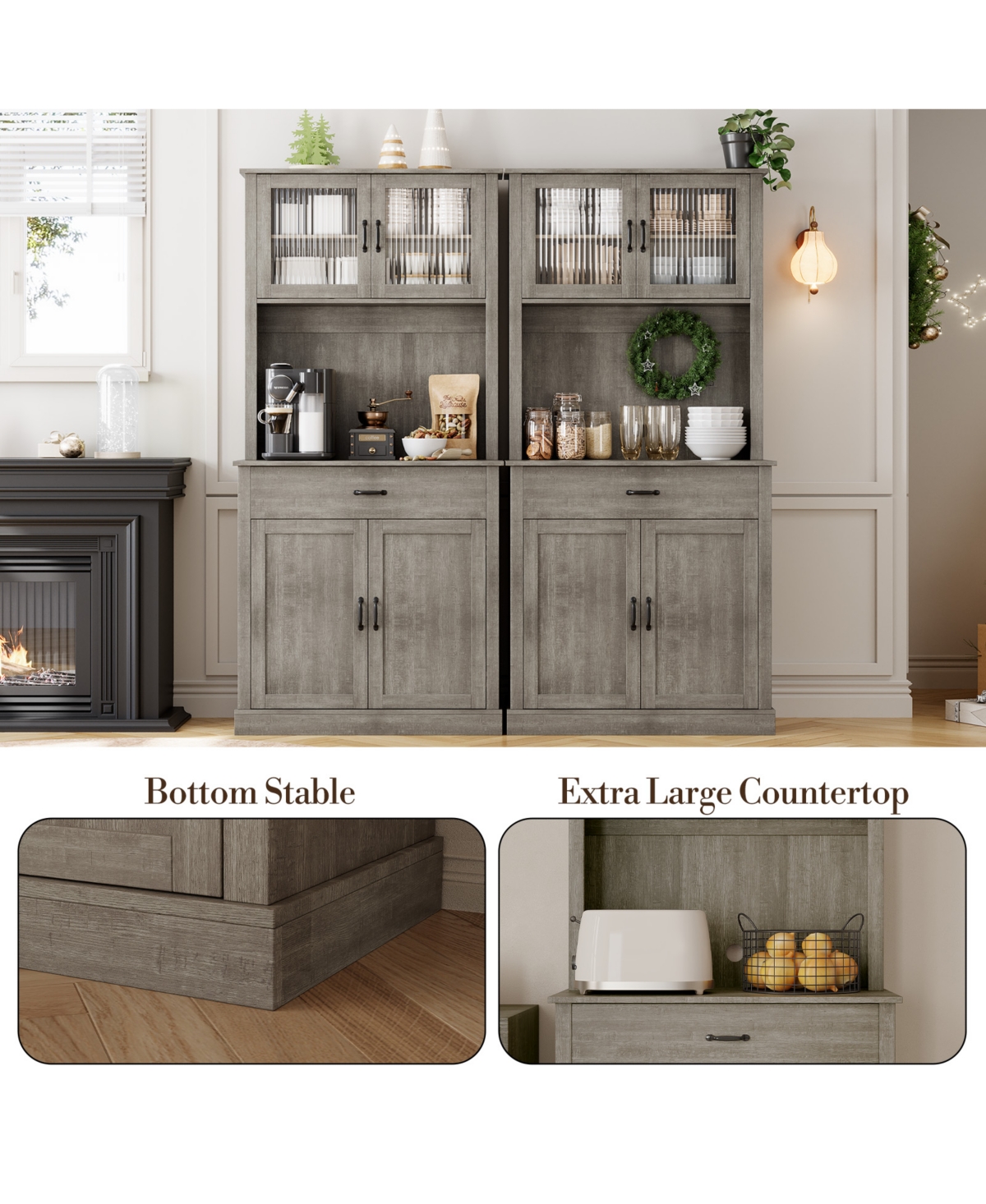 homfan Kitchen Pantry Cabinet with Microwave Stand - Buffet Storage, Glass Doors and Shelves, Appliance Organizer for Dining Room Coffee Bar