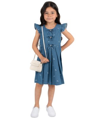 Girls' 2T-6X Demin Bow Pleated Dress with Bag, 2-Piece Set