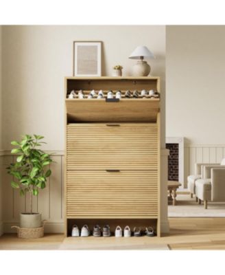 Tall, freestanding entryway shoe cabinet - built-in design with 3 flip-top drawers - suitable for entryways, hallways, and living rooms.
