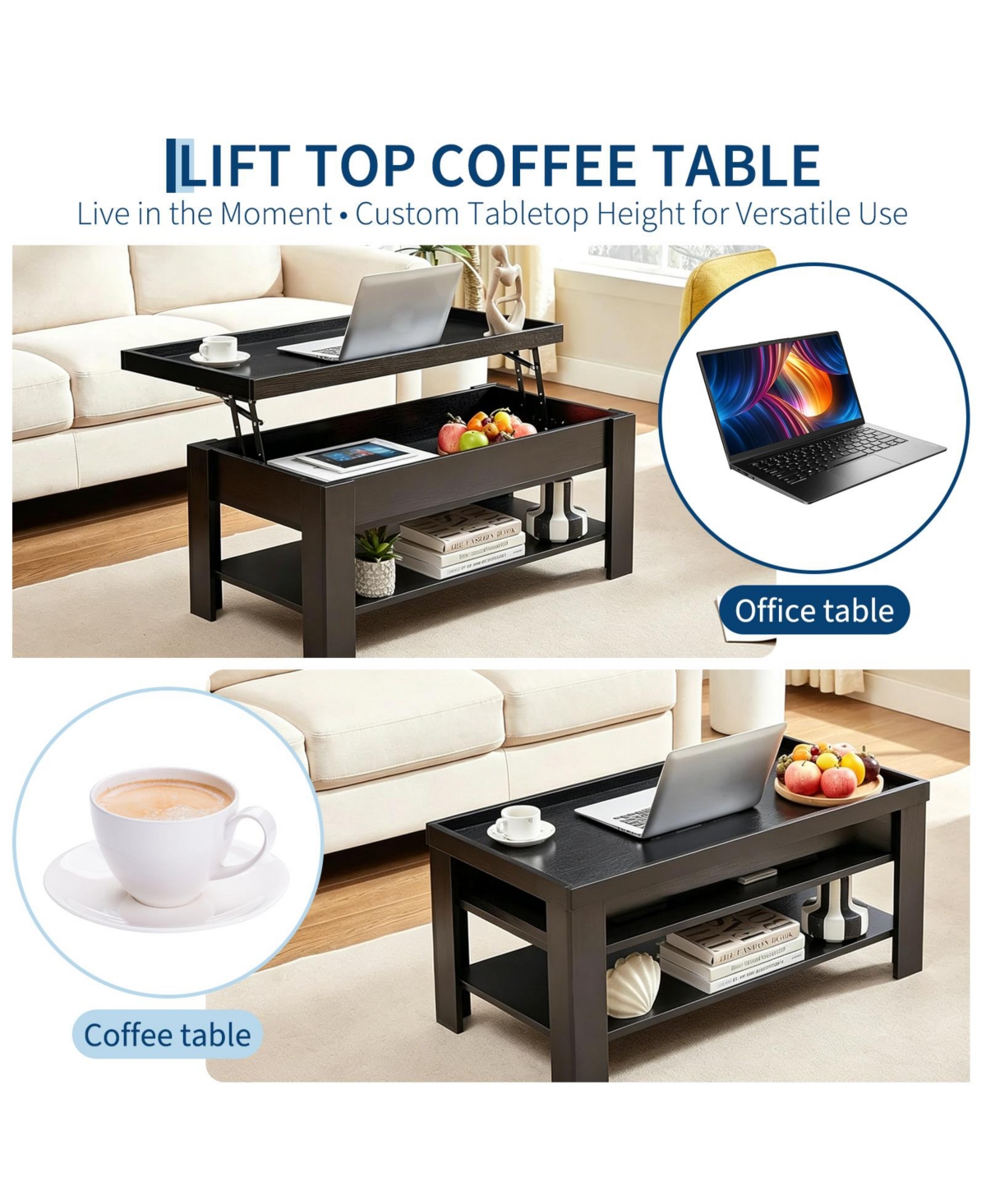 homfan Lift Top Coffee Table with Hidden Storage, Modern Rising Tabletop Desk for Small Spaces, Wood Center Large Compartment and Shelf
