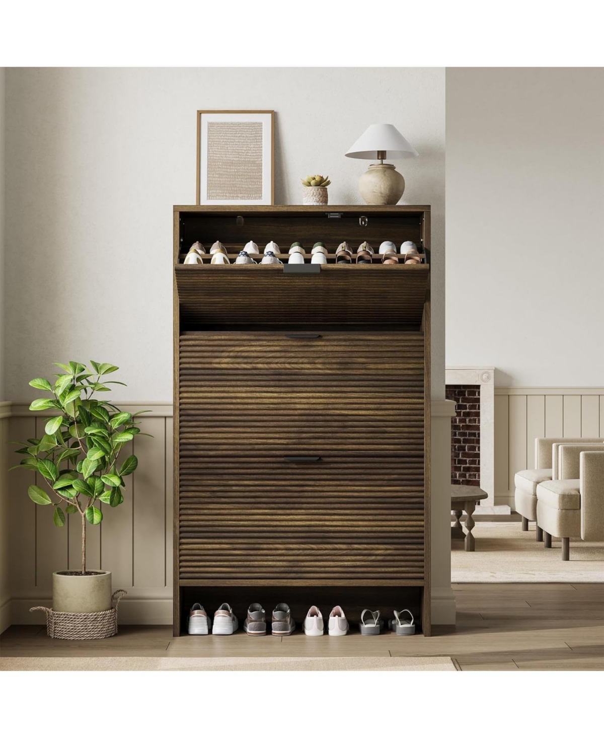 gaomon Tall, freestanding entryway shoe cabinet - built-in design with 3 flip-top drawers suitable for entryways, hallways, and living rooms.